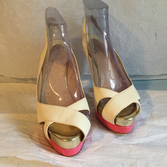 CHRISTIAN LOUBOUTIN BEIGE/PINK PLATFORMS SZ-37.5 - Picture 4 of 8